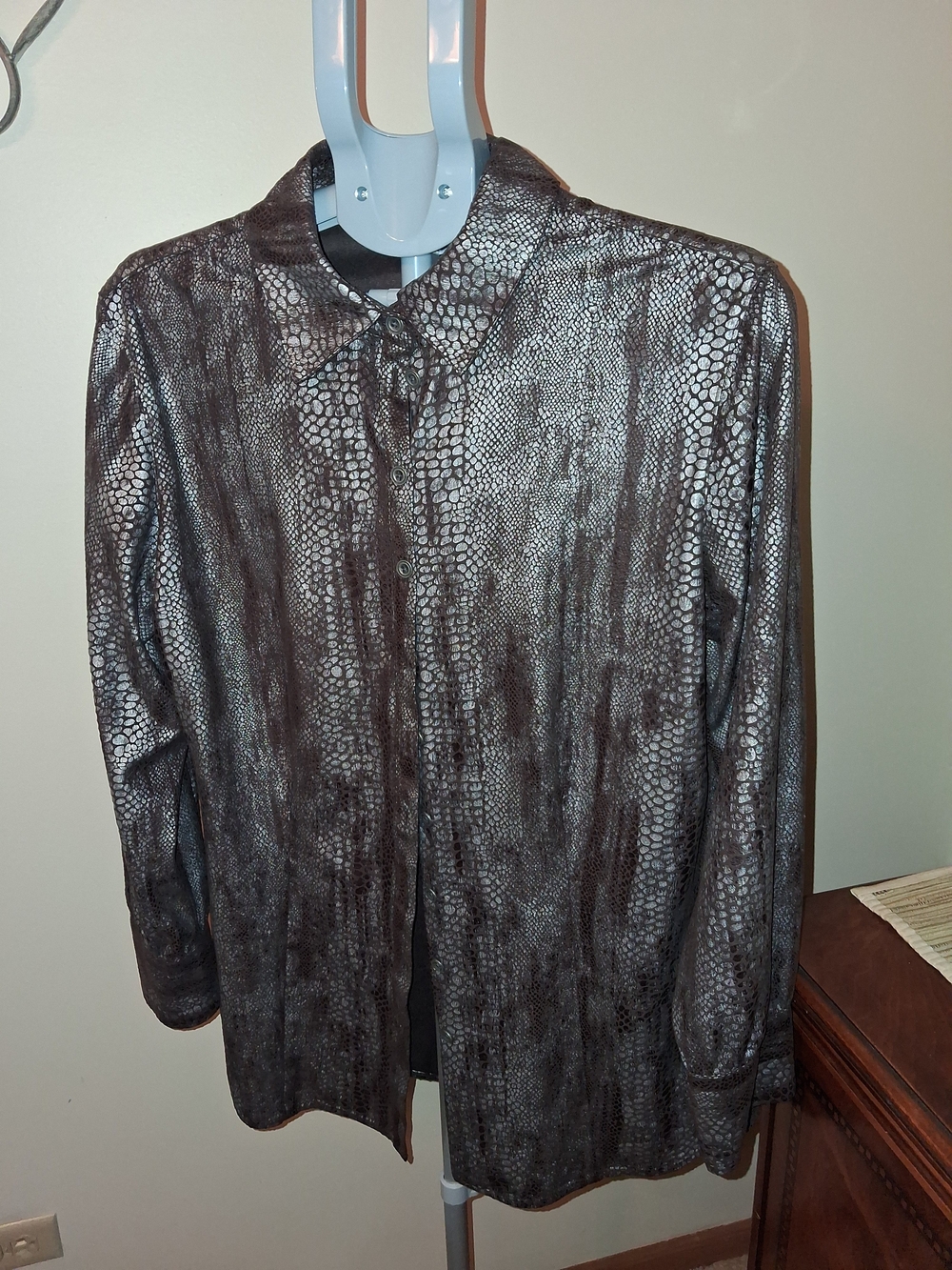 Chico's Brown Metallic Snake-Print Button Down Shirt